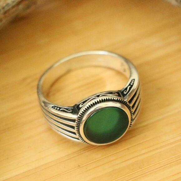 925 Sterling Silver Mens Rings Green Agate - Picture 2 of 7
